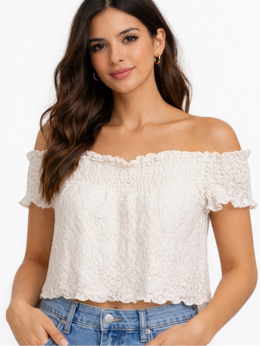 🌸2/20 Romantic Minimalist Cream Lace Off‑Shoulder Boho Top Blouse Shirt Small